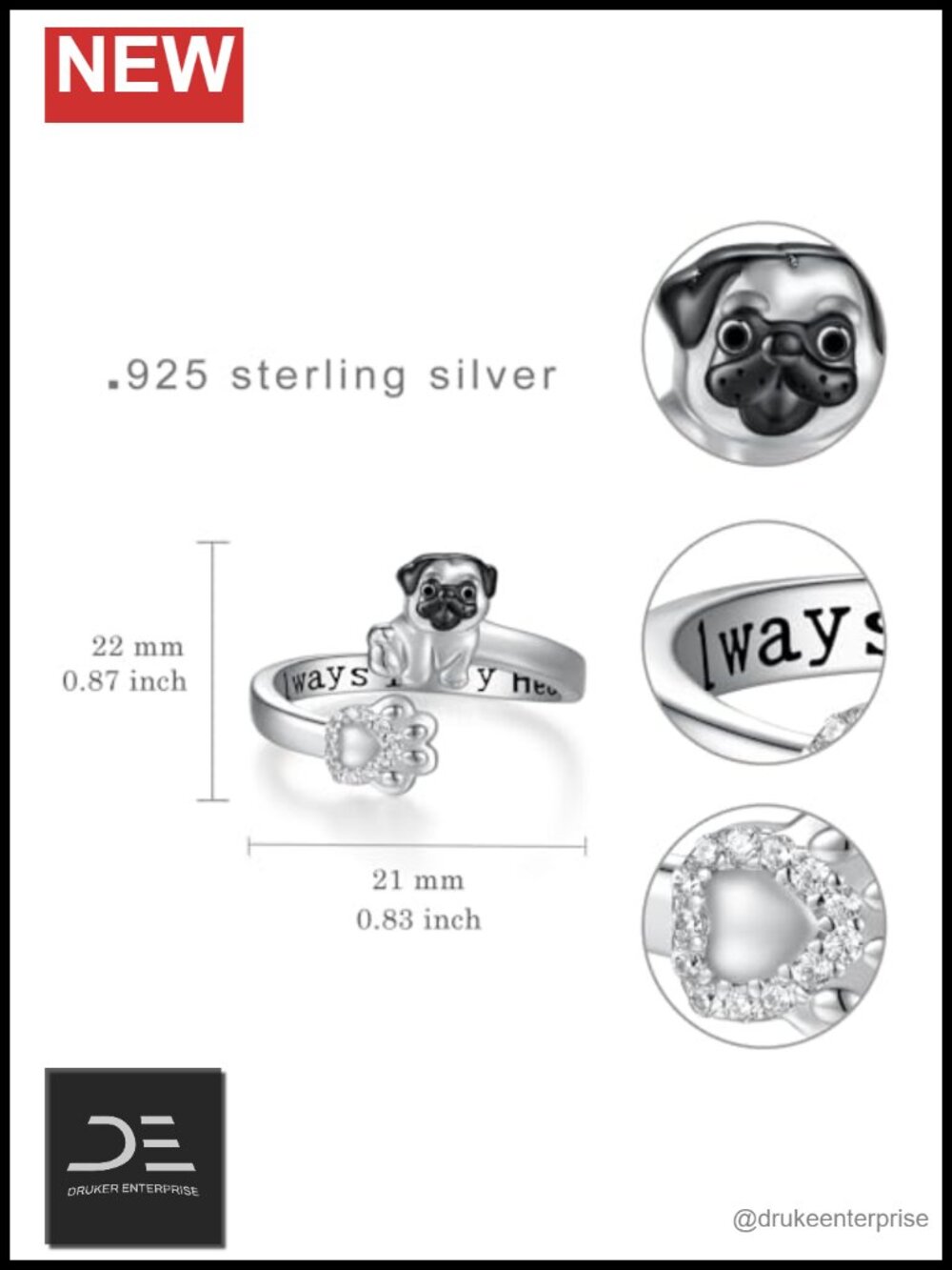 925 Sterling Silver Dog Ring Pug Cute Animal Jewelry Gift for Women - Picture 3 of 6